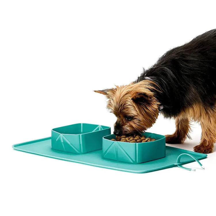 Outdoor Foldable Silicone Solid Color Pet Bowl Collapsible Double Bowl