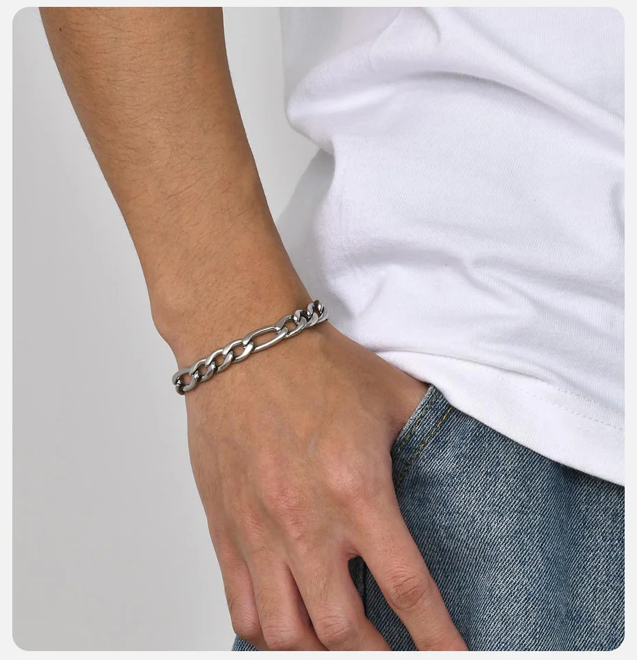 Vnox 7 mm/9 mm Figaro-Kettenarmbänder für Herren, verblasst nie, silberfarbenes Edelstahl-Armband mit kubanischen Gliedern, klassischer Schmuck – Detail 3