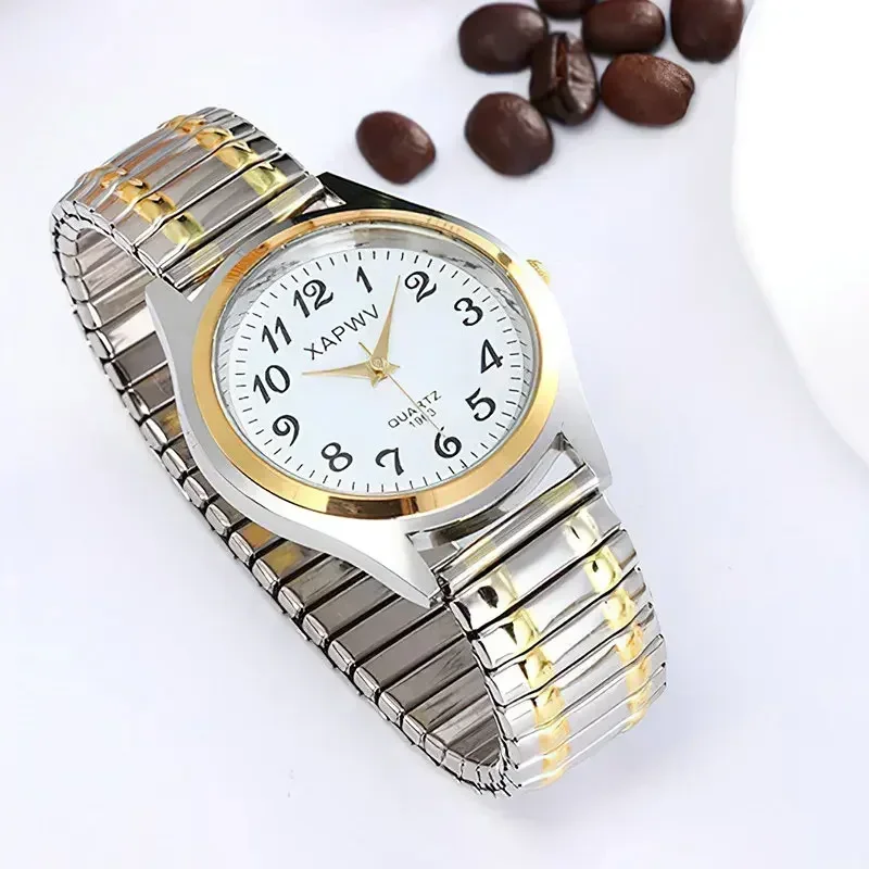 1PCs Classic Vintage Business Women Men Elastic Gold Sliver Quartz Watch Tide Lovers Couple Bracelet Watches Party Office Gifts 4
