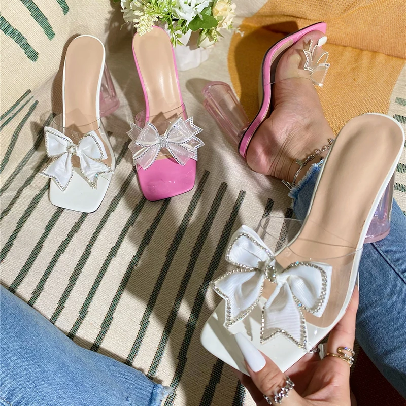 Kcenid Fashion Crystal Bowkknot PVC Sandals Strange Clear High Heels Female Shoes Transparent Slippers For Women 2024 Summer