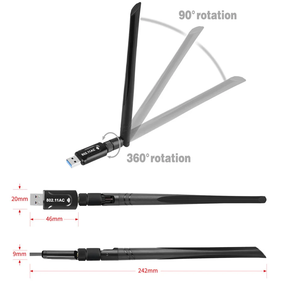 Wvvmvv-Adaptador sem fio USB 3.0 WiFi, receptor de banda dupla, 5G, 2.4G, 5dBi Antena, WI-FI Key, Windows, PC, Mac, 1200Mbps