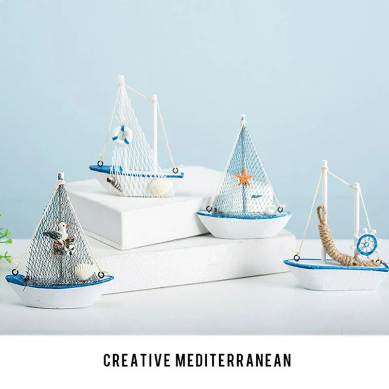 1 pz mini stile mediterraneo marino nautico in legno blu barca a vela nave artigianato in legno ornamenti sala festa decorazione della casa - immagine 6