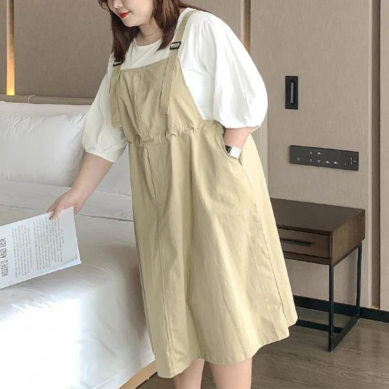 Korean Solid Color Shirring Patchwork Pockets Twill Fabric Strap Dress Casual Round Neck Three Quarter Sleeve Top Plus Size Sets