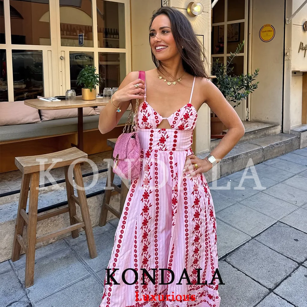 KONDALA Vintage Boho Stickerei Rosa Cami-Kleid Damen Rückenfreies Schnürkleid für Urlaub und Strand Mode 2026 Sommer Elegantes Kleid