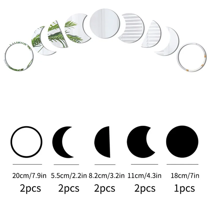 Acrylic Moon Shaped Mirror Wall Stickers Moon Cycle Change Lunar Eclipse Decorative Wall Mirror Art Home Decoration 9pcs/set