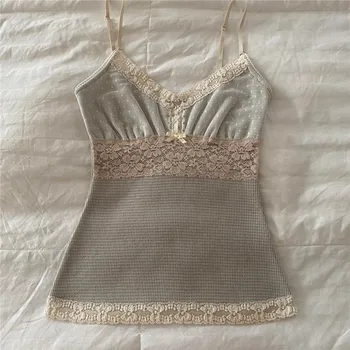 00s Retro Cute Vest Women Milkmaid Tank Tops Fairycore Y2k Crop Tops Preppy Aesthetic Vintage V Neck Lace Patchwork Camisole 1