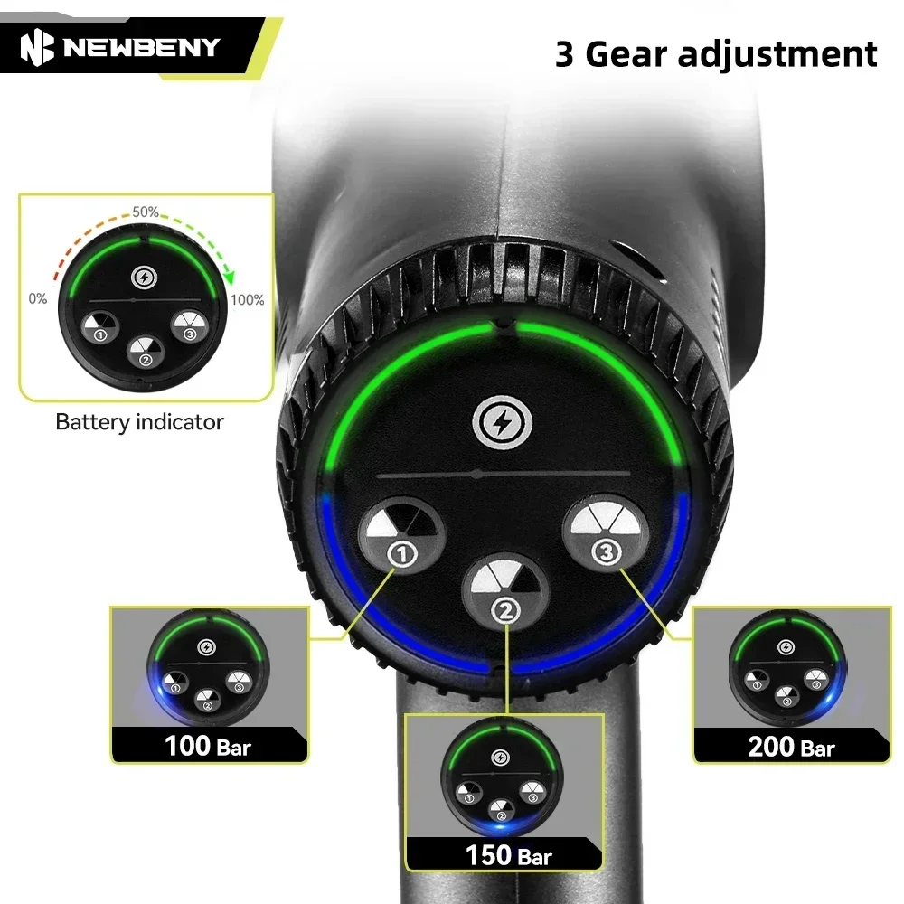 NEWBENY 200Bar Brushless Car Washer 3Gear High Pressure Efficient Cordless Garden Cleaning Irrigation Tool For Makita 18VBattery 4