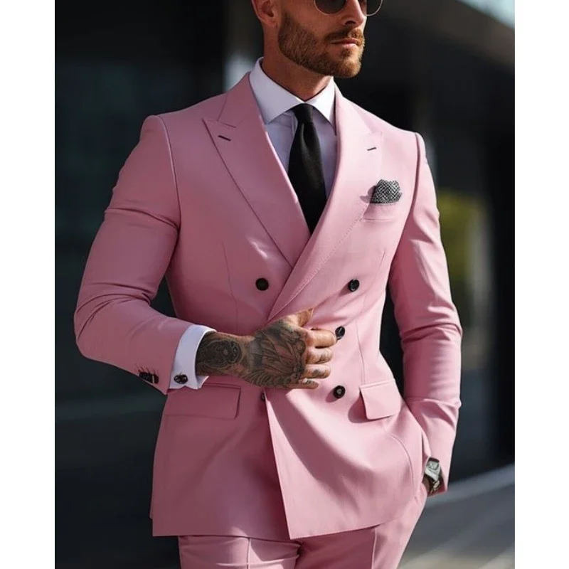 Trajes de boda verdes para hombres, trajes de negocios formales, Color sólido, diario, talla grande, doble botonadura, seis botones, 2 piezas