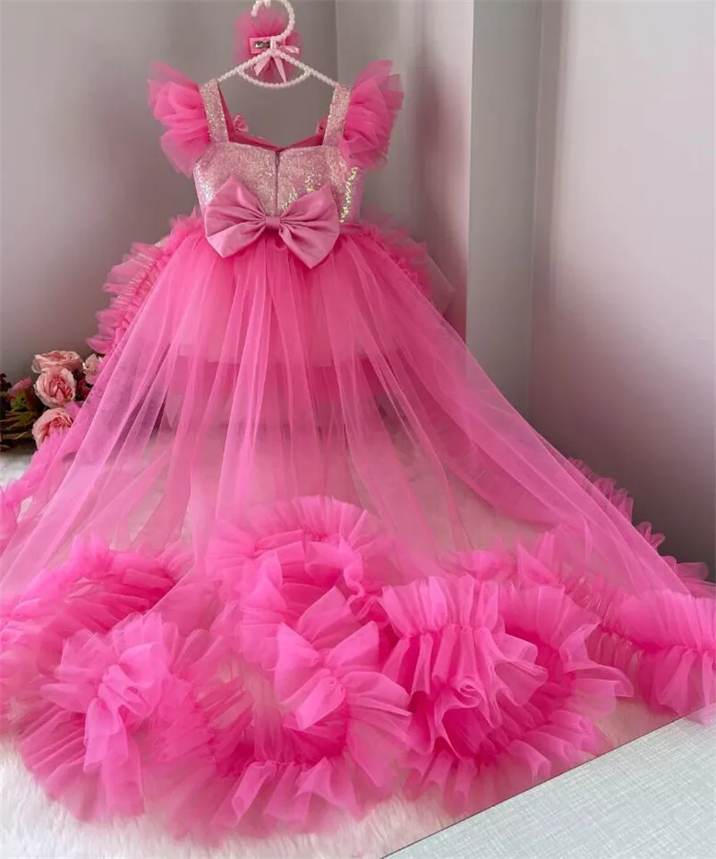 Fluffy Baby Girl Dress with Long Detachable Train Little Princess Hot Pink Birthday Gown Flower Girl Dress Child 12M-14T