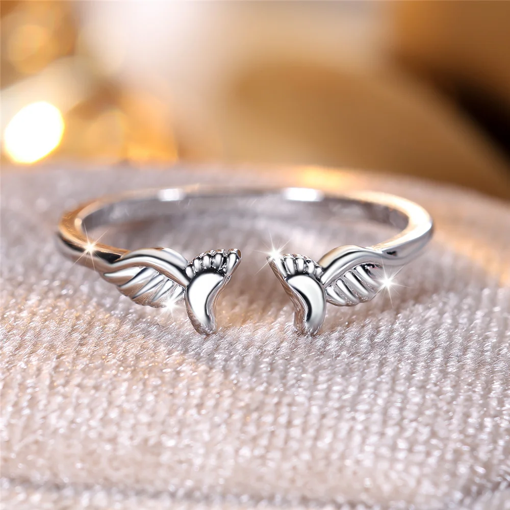 Cute Female White Stone Angel Wing Footprint Ring Silver Color Wedding Jewelry For Women