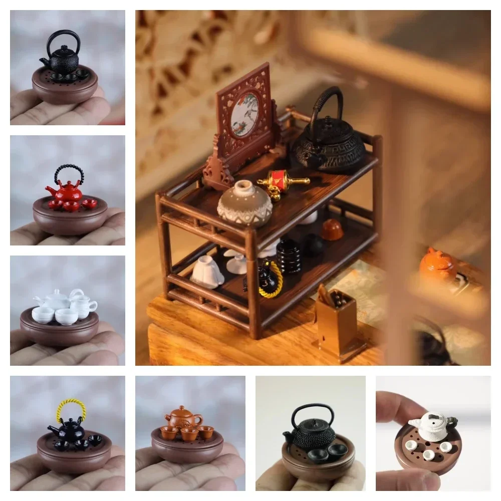 Doll House Mini Teacup Set Miniature Shelf Table Bowl Fired Cartoon Teapot Ceramic Toy Model of Children's Home Tea Set high quality metal plants stand holder bedroom mini window plant shelf room standing mensole per piante balcony furniture