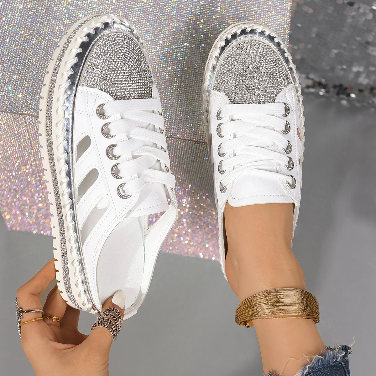 woman trend Crystal Half Slippers for Women Flat Platform Shoes Comfortable Elegant Women's Shoes Bling Luxury Women's Sandals