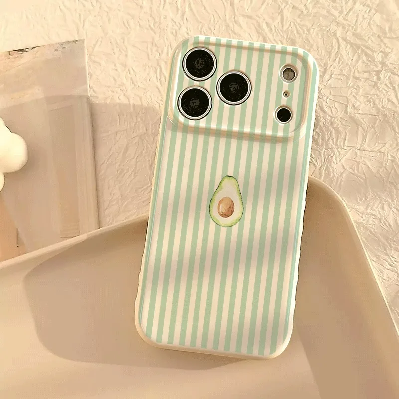 Mint Green Vertical Stripe Watercolor Avocado Pattern Silicone Phone Case