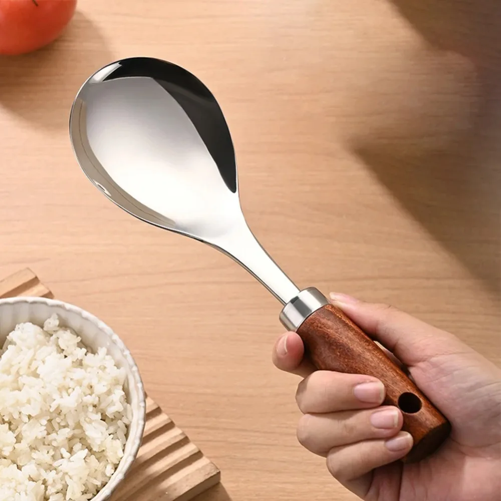 Stainless Steel Rice Spoon Thickened Heat-resistant Anti-Stick Rice Spoon Easy To Clean Wood Handle Shovel Kitchen Gadgets