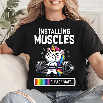 Installing Muscles Women's T-Shirt Clothing Funny Gym Unicorn Graphic T Shirt Fitness Workout Fashion Casual Short Sleeve Tops 1