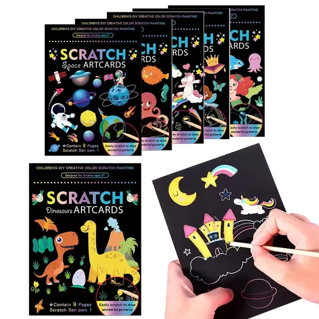 Rainbow Color Scratch Art Painting Paper Card Kit Cartoon Dinosaur Magic Drawing Board Kids DIY Educational Toys Christmas Toys 6