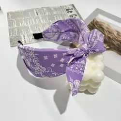 Vintage Boho Bow Print Wide Headbands - Elegant Cross Knot Hair Accessories (Purple)
