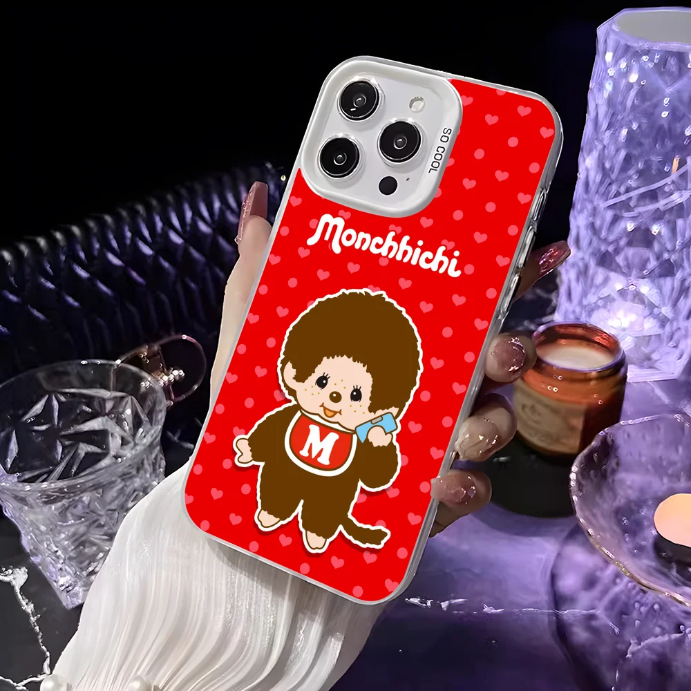 Niedliche Cartoon M-Monchhichi Handyhülle für iPhone 16 15 14 13 12 11 Pro Max Weiß Matt Laser Metallic Aurora Funda – Detail 5
