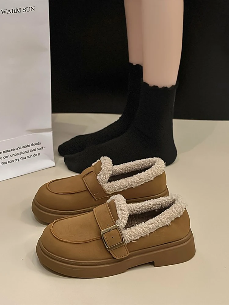 

Туфли женские в стиле ретро, лоферы с круглым носком, без застежки, с мехом, с закрытым носком, универсальные повседневные кроссовки, мокасины без шнуровки