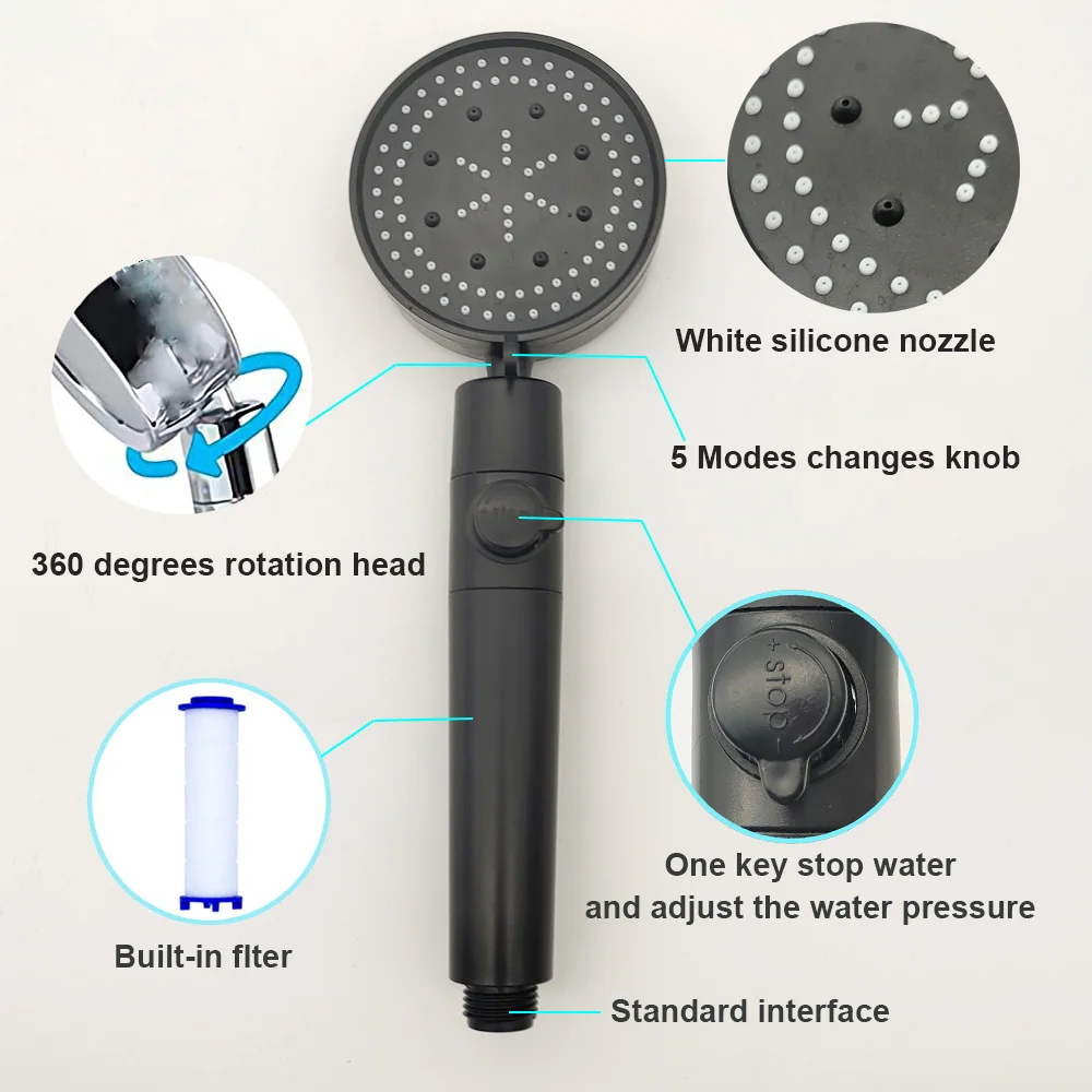 5 Modes Shower Head Black Silver 360 Degrees Rotating High Pressure Sprayer Nozzle Filter Bathroom Shower heads with Stop Button 6
