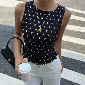 Gaono Women Tank Top Sleeveless Tops Crew Neck Pleated Dots Print Slim Fit Shirt Vest Summer Y2K Vintage Streetwear 1