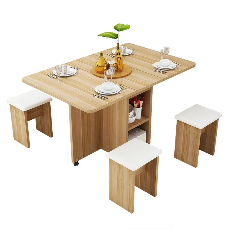 Multifunction Dining Table Chair Set Four Seater 140cm Movable Folding Wooden Dinner 4 Chairs Storage Restaurant Furniture