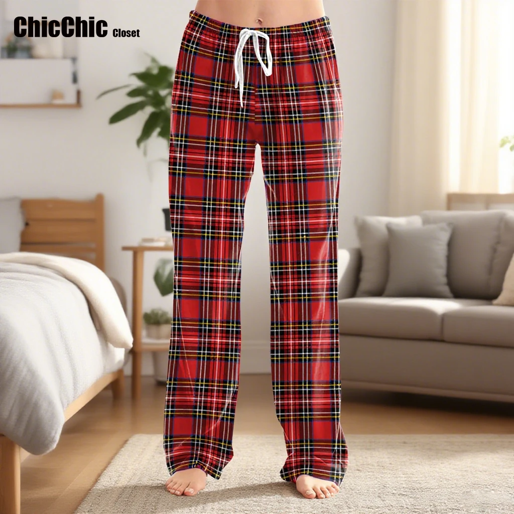 النساء السراويل واسعة الساق حزام الإناث عادية منقوشة عيد الميلاد مرونة الخصر السراويل الطويلة فضفاضة الكاحل طول المنزل السراويل 2YK بيجامة