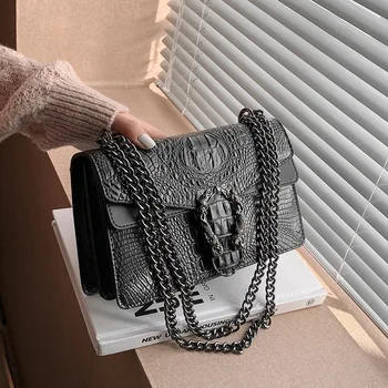 Women's Crossbody Chain Bag 2025 New Style Vintage Crocodile Pattern Medium Square Bag Soft PU Material Magnetic Buckle Closure