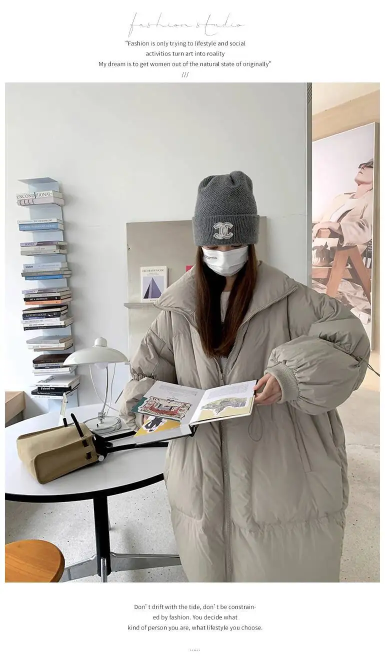 LANMREM Drawstring Waist Slimming Design Women's Long Down Jacket Lapel Loose Oversized Long Sleeve Grey Warm Jackets 2DB5955