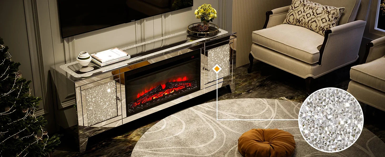 Fireplace TV Stand Mirrored Silver TV Stand for 65 Inch TV