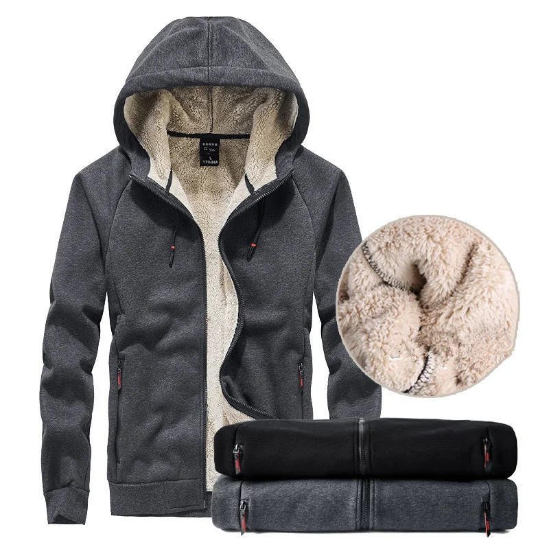 

Men's Warm Fleece Hoodies Sweateshirts Plus Velvet Zipper Cotton Coat Casual Slim Fit Parkas Streetwear Thicken Jacket Men