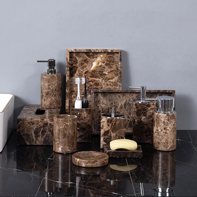 Bathroom Accessories Set Dark Natural Marble Brown Luxury Toothbrush Holder Soap Dish Soap Dispenser Bathroom Accessories Toilet Accessories