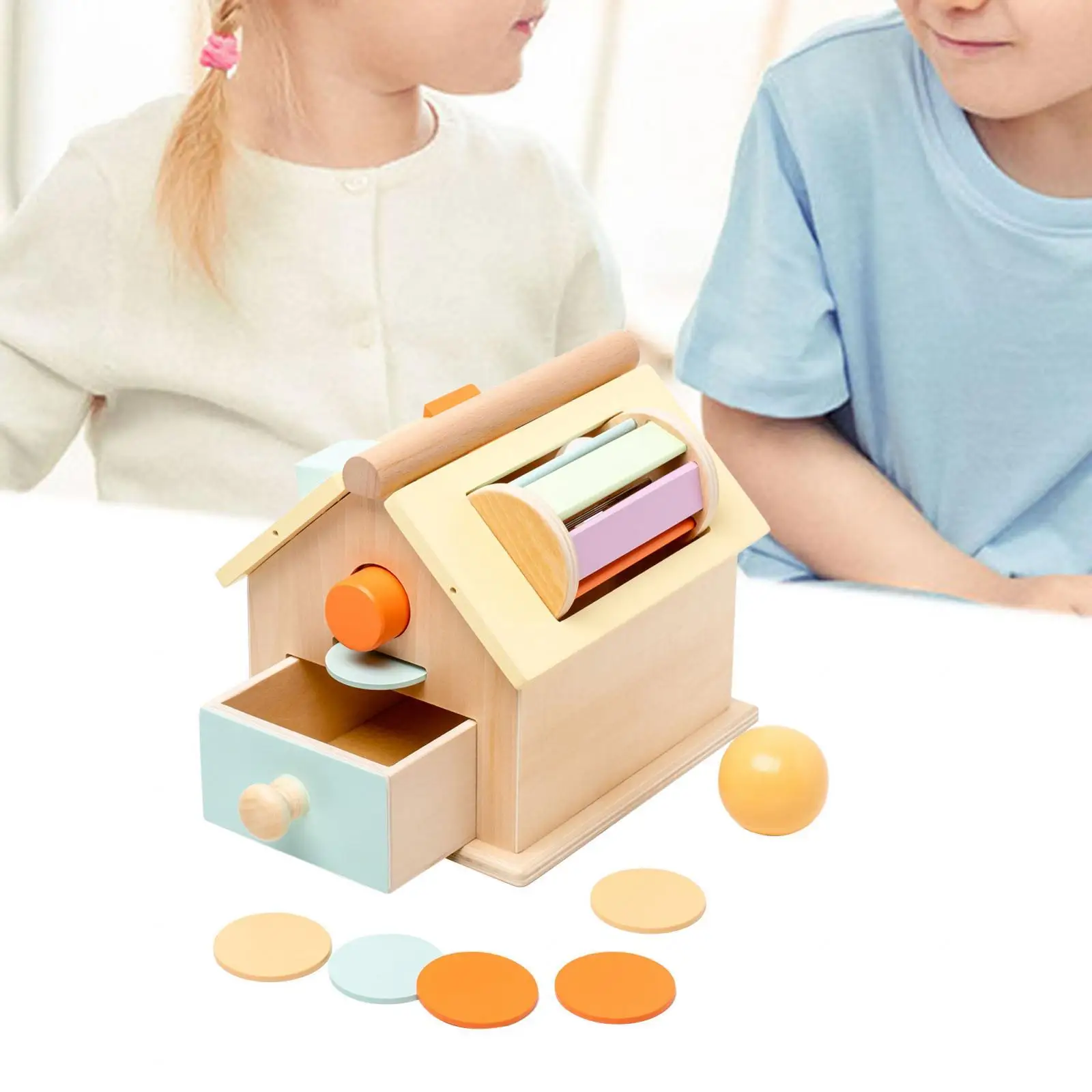 

Montessori House Toy Rotating Wooden Blocks Wooden Drawers Coins Box for Interaction Color Shape Recognition Coordination