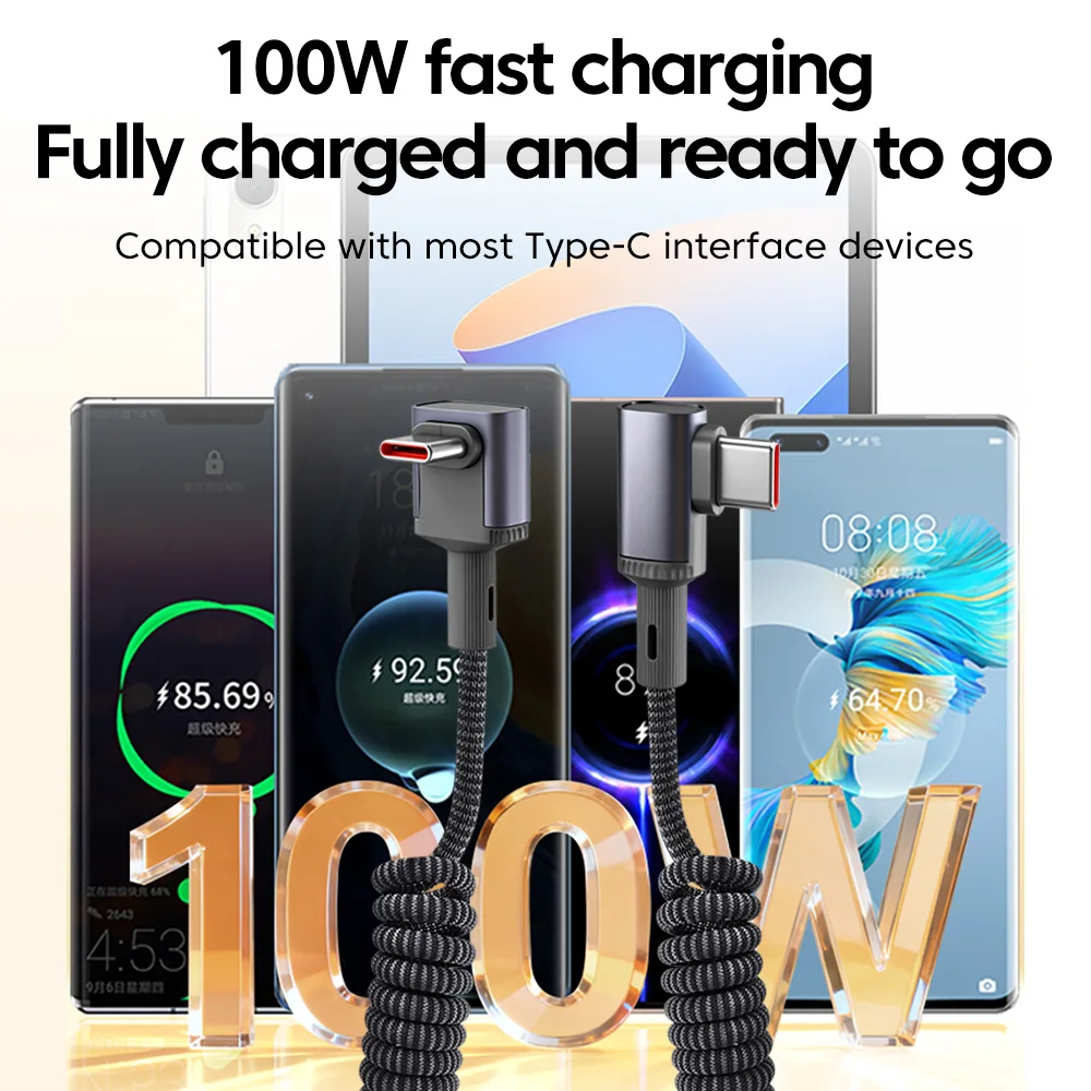100W 엘보우 카 스프링 타입 C to 타입 C 케이블 66W 리트랙터블 UAB A to 타입 C 데이터 케이블 아이폰 15 16 17 화웨이용 고속 충전
