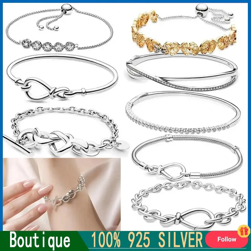 

New Popular Women's Fashion Bracelet% 925 Silver Original Logo Knot Heart T-shaped Chain Buckle Bracelet DIY Charm Jewelry Gift