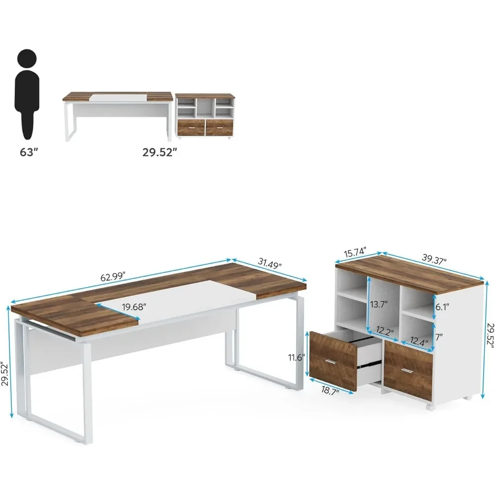 Office Furniture Desk Sets ,L-Shaped Desk With Drawers, 63" Office With File Cabinet, Computer Executive Set