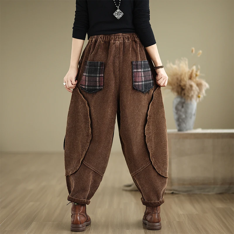 Retro Corduroy Harlan Pants Women's Autumn Winter New Loose plus Size Slimming Versatile Fce Lined Thiened Cross Pants