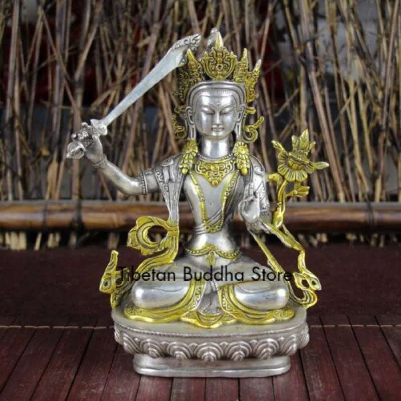 

China Old Tibet Silver Gilt Hand Carved Buddhism Manjusri Tara Statue 22413