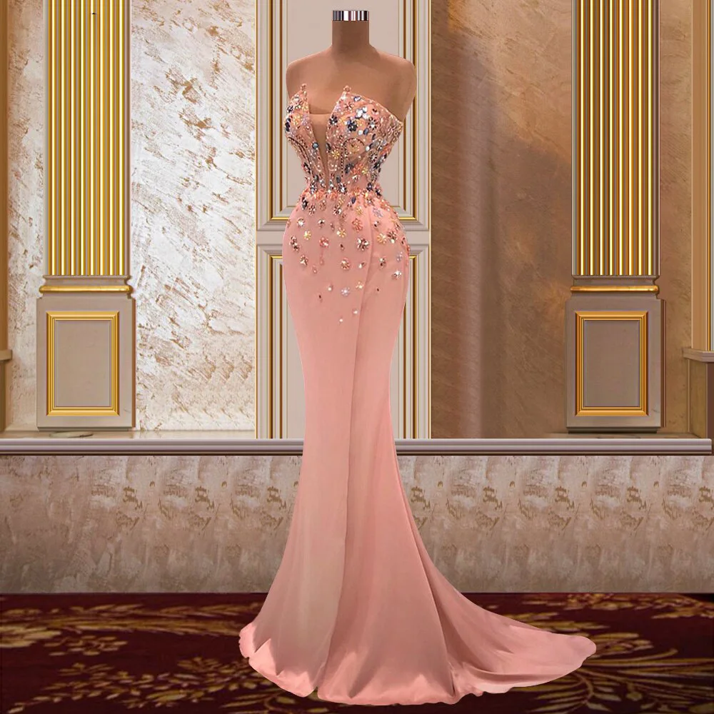 

Exquisite Pink Evening Dress Women Sparkly Crystal Sweep Train Sleeveless Strapless Luxury Vestidos Para Eventos Especiales