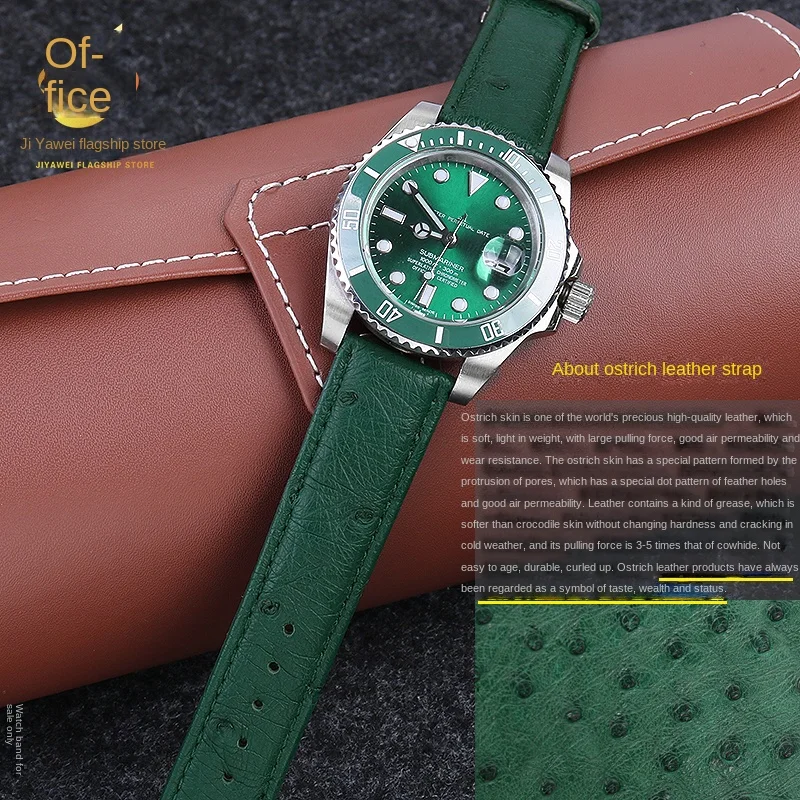 Bracelete de Relógio de Couro Avestruz Vintage para Homens e Mulheres Pulseiras Fecho Borboleta Acessórios Rolex Iwc Tudor Preto Verde Marrom - Image 6