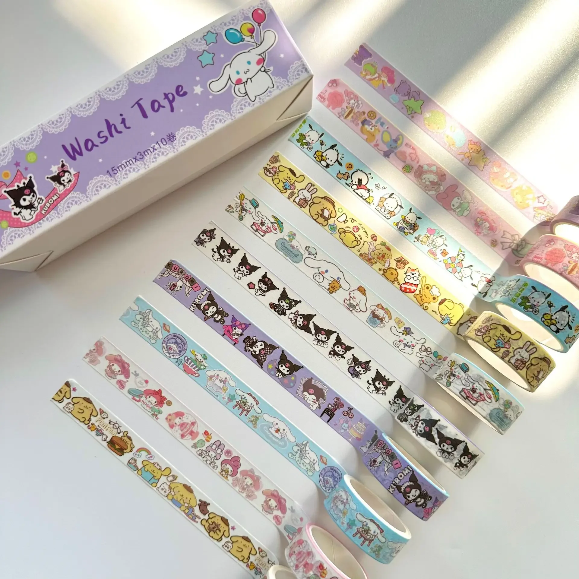 New Sanrio Washi Tape 10 Rolls Hand Ledger Cartoon Cute Kuromi Material Adesivi Decorativi
