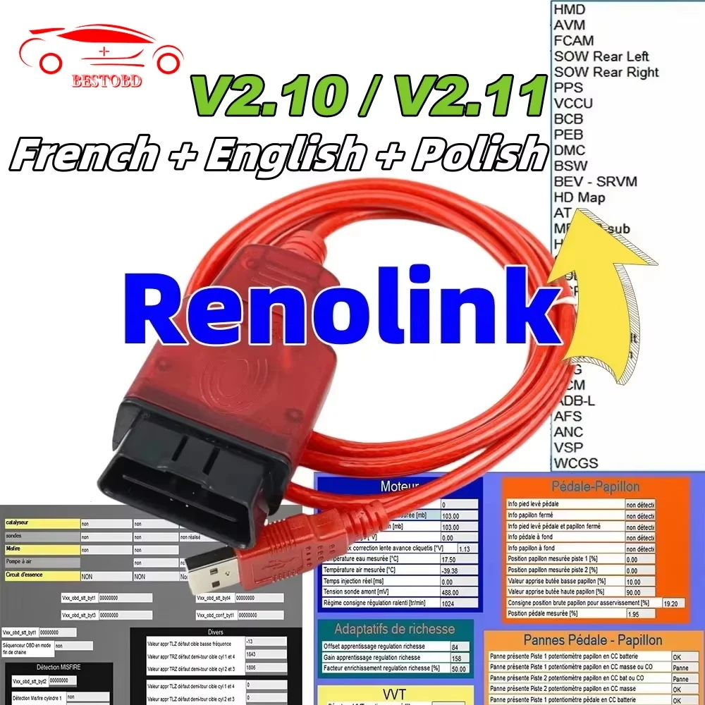 Renolink V2.10 V2.11 For Renault Car OBD2 Airbag Reset OBD 2 Car Diagnostic Auto Tool ECM UCH Key ECU Programmer Link Tool