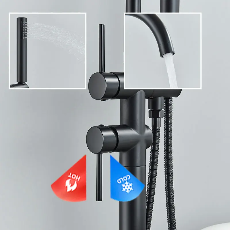FMHJFISD Black Bathtub Faucet Floor Mounted Free Standing Bathtub Shower Mixer Taps Hot Cold Water Bathroom Crane Swivel Spout 4