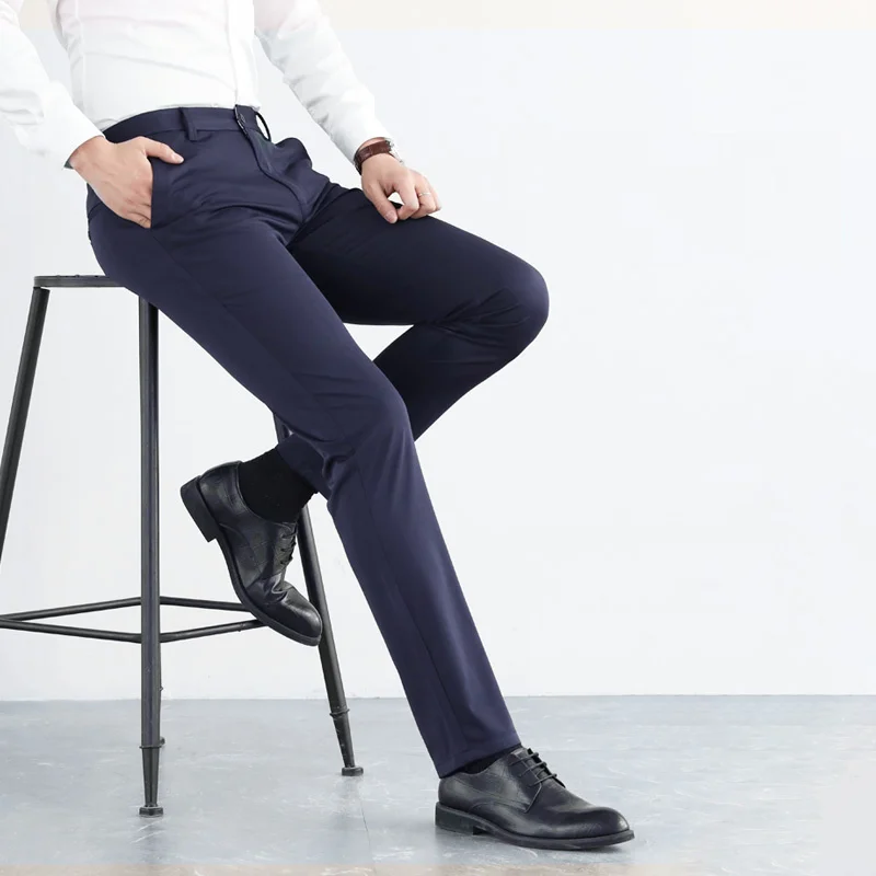England Style Fashion Simple Elegant High Elastic Pants Men Solid Zipper Pocket Button Spring Straight Ice Silk Casual Trousers