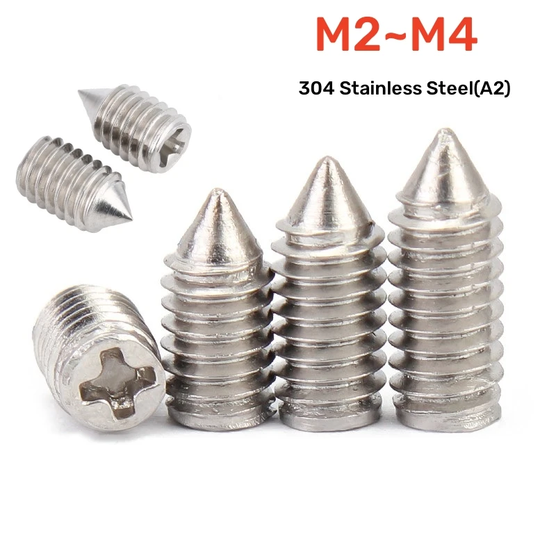 

50pcs 304 A2 Stainless Steel M2 M2.5 M3 M4 Cone Point Grub Set Screw Cross Recessed Tapered End Headless Bolt