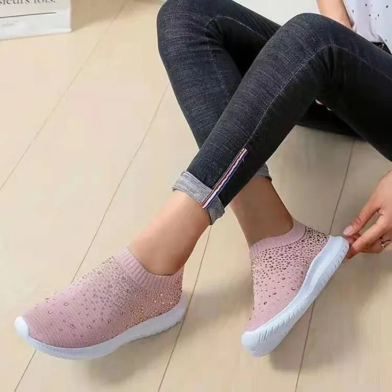 Large Size Rhinestone Elastic Sock Shoes, Casual Men's and Women's Sports Shoes, MD Sole Fly Woven Breathable Lightweight Shoes