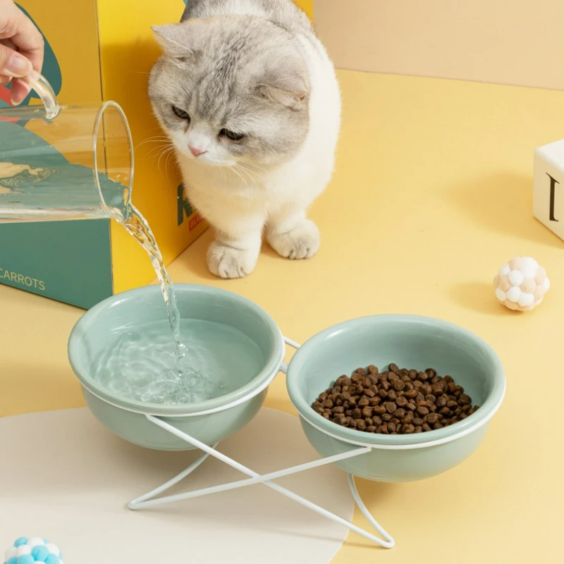 

Cat Bowl Ceramic Pet Feeder with Stand and Mat Kitten Puppy Food Water Feeding Double Dish Metal Elevated Dog Supplies