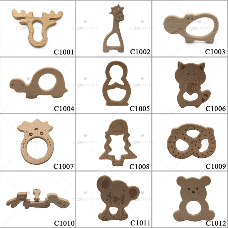 

10pcs Safe Kara Teething Baby Teether Cute Antlers Design Wooden Ring Animal Shape Toy Handmade Wooden Teether-Giraffe Teether