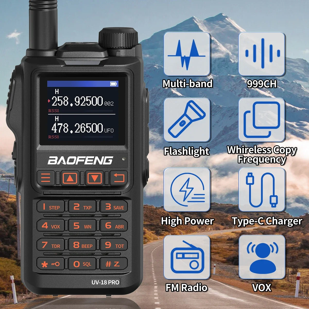 

Baofeng UV-18 PRO Walkie Talkie Long Range Wireless Copy Frequency 999CH NOAA Multi Band Type-C VHF UHF Ham Two Way Radio
