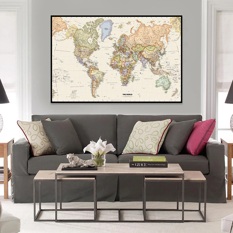 

60*40cm The World Political Map with Details Retro Canvas Painting Wall Art Poster School Supplies Living Room Home Decor